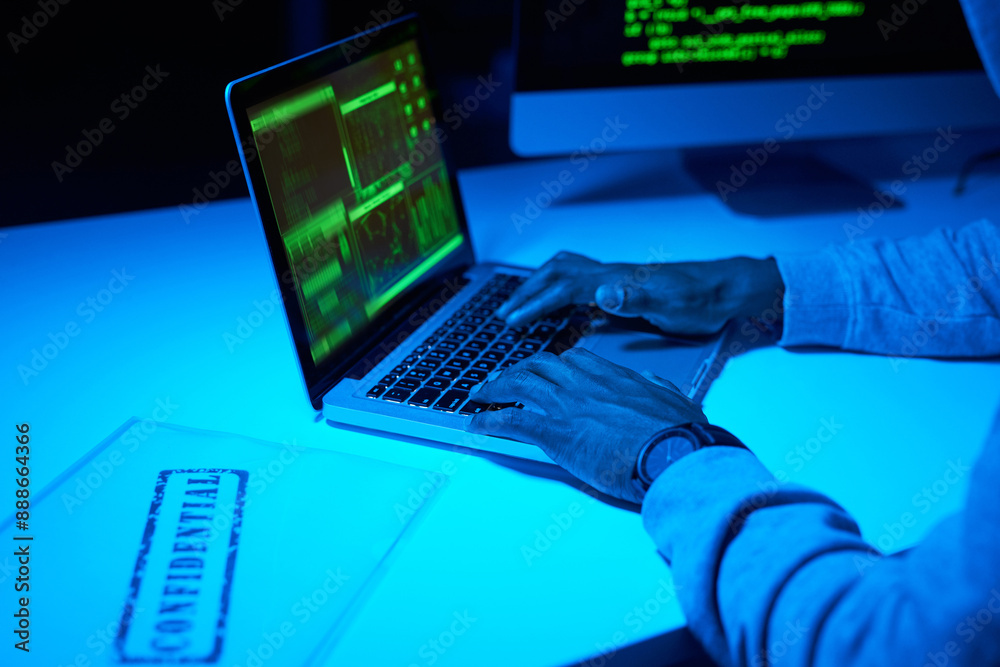 Poster hands, confidential or hacker stealing on laptop for cybercrime scam, malware or phishing online dat