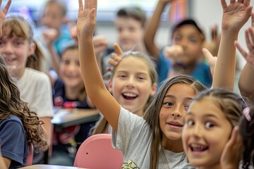 Fototapeta premium Excited Students Raising Their Hands In Classroom