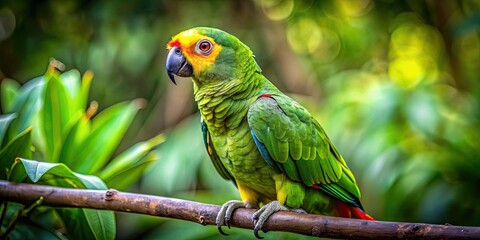 Obraz premium Vibrant yellow-crowned parrot perched on a branch in the rainforest, parrot, yellow, colorful, Amazona ochrocephala