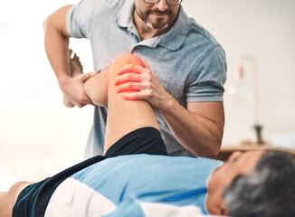 Leg pain, physiotherapy and man with patient for consulting, medical service and red overlay....