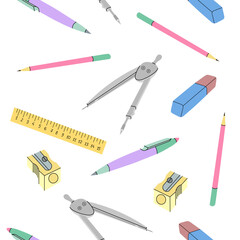 Back to School. Flat style seamless pattern. Vector set of school items. School illustration.