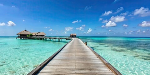 Fototapeta premium Wooden jetty at a luxury resort in the Maldives with crystal clear waters , vacation, travel, destination, baa atoll