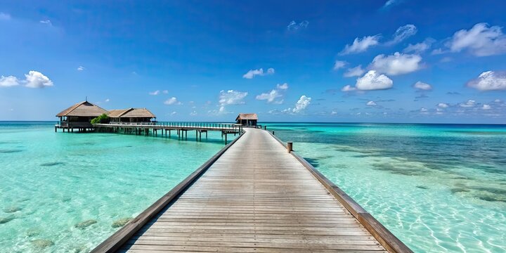 Wooden jetty at a luxury resort in the Maldives with crystal clear waters , vacation, travel, destination, baa atoll