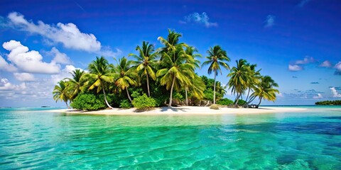 Naklejka premium Tropical island with palm trees, white sandy beaches, and crystal clear blue waters, tropical, island, palm trees, beach