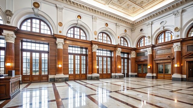 Elegant interior of historic bank building with high ceilings, marble floors, large arched windows
