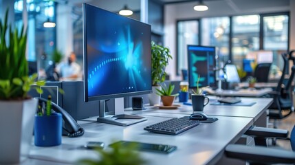 Naklejka premium Modern Open-Plan Office with Desktop Computers 