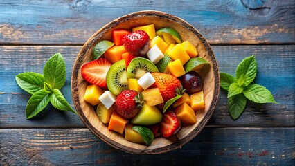 Overhead view of a vibrant tropical fruit salad in a coconut bowl , Tropical, fruit, salad,...