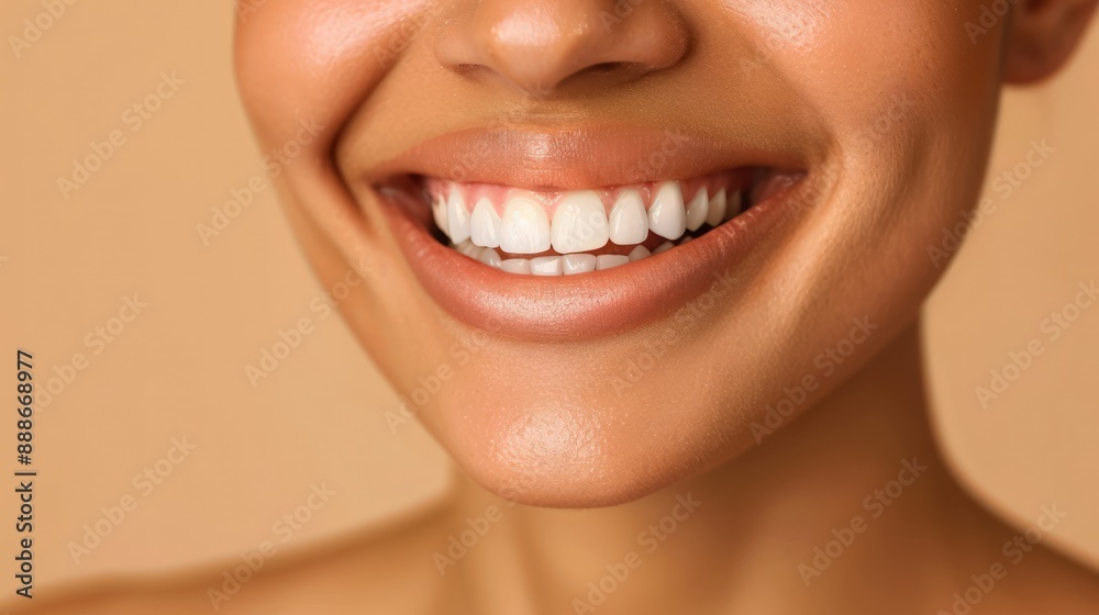 Poster Close up portrait of beautiful woman smiling with white teeth and healthy lips on beige background.