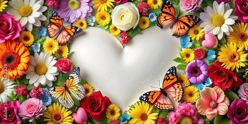 Canvas Prints Heart surrounded by colorful flowers and butterflies, heart, flowers, butterflies, nature, love, romance, vibrant, colorful