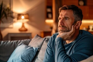 Obraz premium Thoughtful Man Sitting on a Sofa