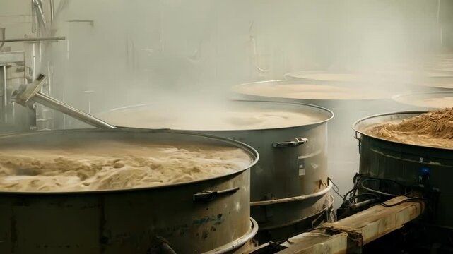 Large steaming vats filled with a soupy mixture of wood pulp and chemicals.