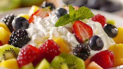 A colorful and fresh fruit salad topped with fluffy cream
