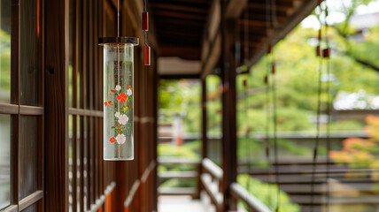 木の家の軒先に掛かる日本の風鈴