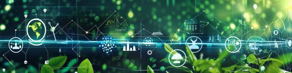 Fototapeta premium Sustainable Development Analysis: A Visual Representation of Data Charts, Eco-Friendly Symbols, and Digital Interfaces for Environmental Data Analysis and Green Technology.