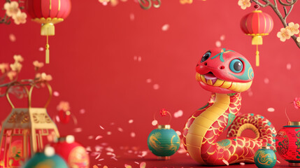 Snake Dressed in Red Chinese Robe and Celebration Hat, 3D Render for New Year