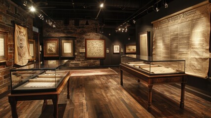 Historic museum exhibition showcasing ancient documents and artifacts in glass display cases, beautifully lit in a dark room.