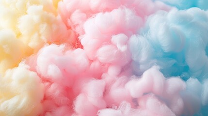 Vibrant pastel clouds resembling cotton candy, creating a dreamy and whimsical background in pink, yellow, and blue hues.