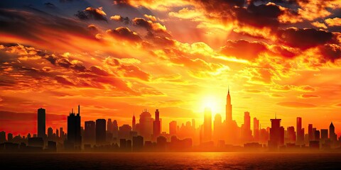 Silhouetted cityscape under the fiery embrace of a setting sun , city, skyline, silhouette, sunset, dusk, urban, buildings