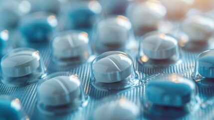 Close-up image of a blister pack containing white pills, highlighting pharmaceutical medication and healthcare concepts.