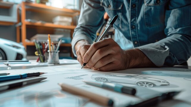 Close-up of a designer sketching a car concept in a studio, surrounded by pencils and design tools, showcasing creativity and automotive design.
