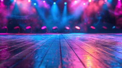 A vibrant scene with colorful stage lighting reflecting off a wooden floor, creating a dynamic and energetic atmosphere.