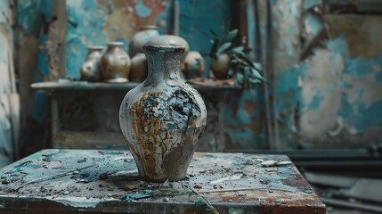 A decaying ceramic training features a busted vase resting on a table in the front