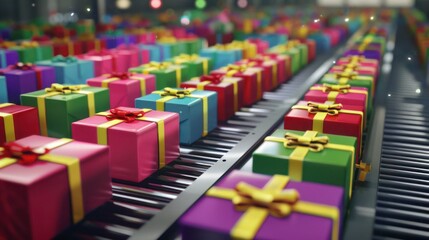 Countless beautiful, colourful gift boxes on a conveyor belt production line. Seamless, endless looping animation of presents in a factory being prepared for shipping. Christmas season preparations. 