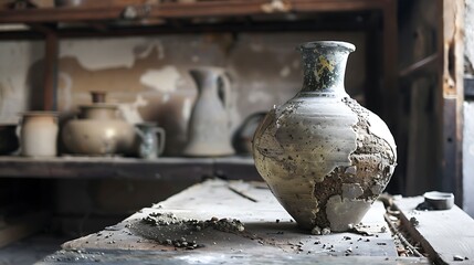A decaying ceramic training features a busted vase resting on a table in the front