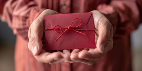 Lunar New Year Tradition: Hands Holding Red Envelope, Festive Celebration Concept