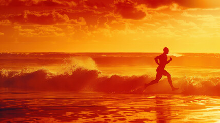 Fototapeta premium Silhouette of a man running on a beach at sunset . Men's Health.