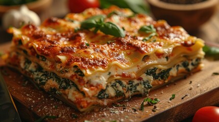 Spinach and ricotta lasagna on wooden cutting board