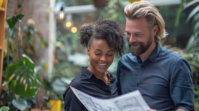 A diverse couple of architects happily reviewing building plans in a green indoor setting, showcasing collaboration and design.