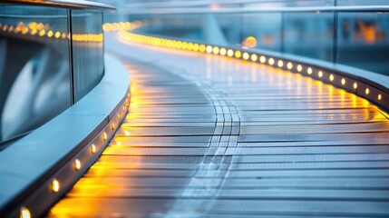 A sleek, modern pedestrian bridge with illuminated pathway lights curving gracefully, captured at dusk with a futuristic vibe.