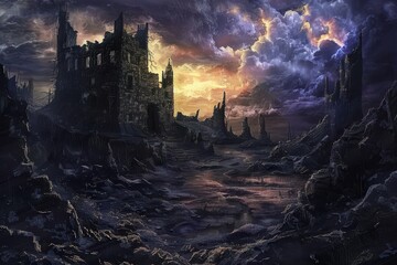 Desolate ruins of a forgotten city lie in the aftermath of an apocalyptic event