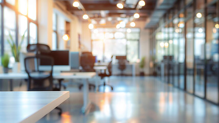 Fototapeta premium Office interior blurred, empty workspace, contemporary design