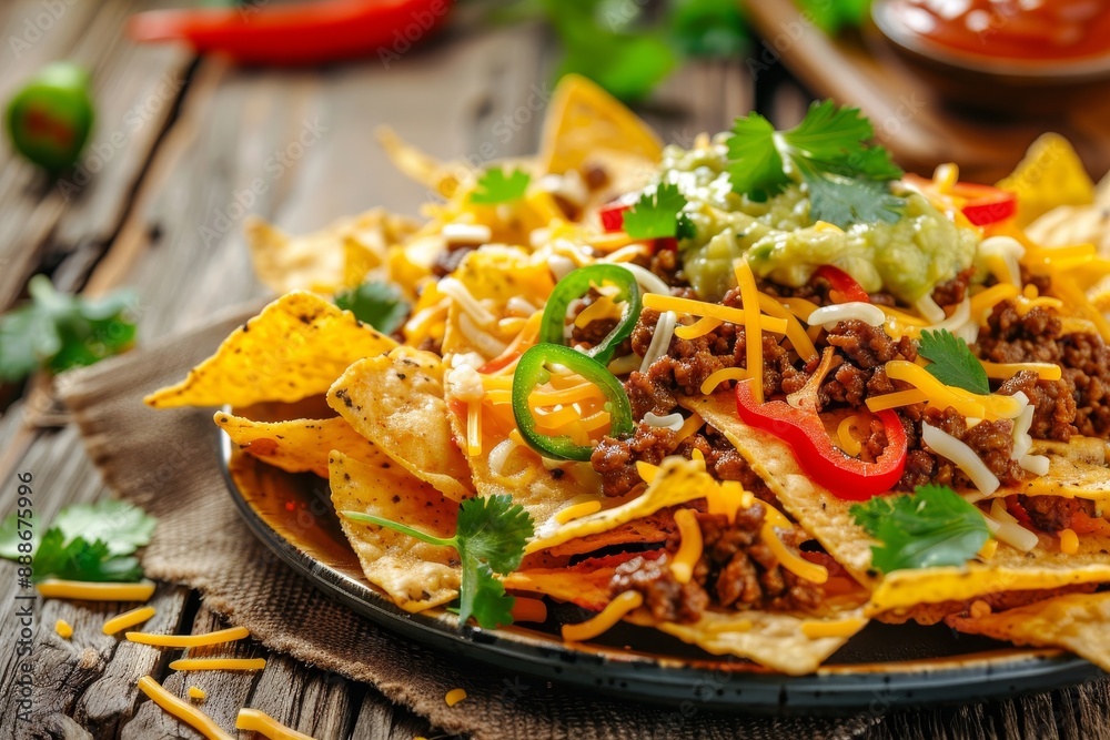 Poster Nachos topped with beef guacamole cheese peppers and cilantro on wooden table