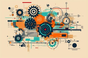 Fototapeta premium Illustrative Guide to Programming Concepts: A Stylized Doodle Art Featuring Gears and Wheels in a Mechanical Symphony.