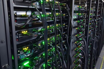 Network security server room with cryptocurrency mining computer racks