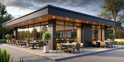 Exterior render of a modern one story restaurant with outdoor seating, exterior, render, one story