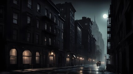A noir-style photograph, a dark street view of a city, gotham style