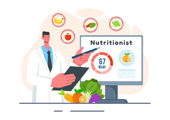 Vector Illustration of a Nutritionist Conducting a Nutritional Examination of Food, including Dietary Supplements, such as Fresh Fruits and Vegetables