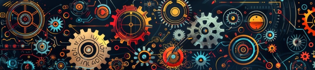 Fototapeta premium Illustration of Functional Concepts in Programming Design, Featuring Mechanic Doodles with Complex Gears and Wheels Symbolizing the Mechanics of Coding and Software Development