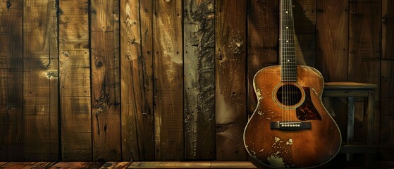 Old fashioned acoustic guitar on wooden wall