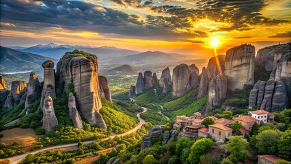 Panoramic view of Meteora Valley at sunset with Monasteries Kastraki, Greece