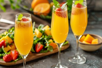 Fototapeta premium Orange Mimosa cocktails with champaigne and fruit salad