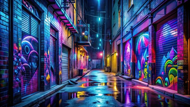 Neon drenched alley with AR ads and graffiti art , urban, vibrant, futuristic, technology, cityscape, digital - Powered by Adobe