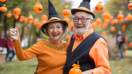 Happy Senior Couple Wearing Matching Halloween Costumes Dancing with Joyful Expressions