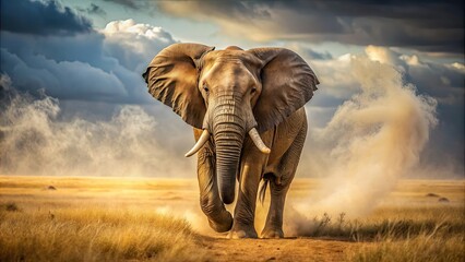 Fototapeta premium Charging elephant with raised trunk in dusty savannah , wildlife, powerful, strength, aggression, African safari, dust