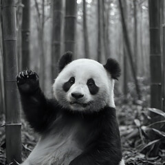 Fototapeta premium panda bear sitting on its hind legs in a bamboo forest