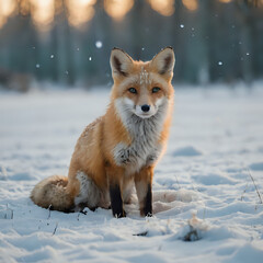 a fox sitting in the snow in the woods